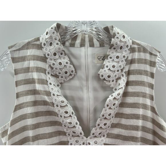 Eliza J Sleeveless Shift Dress Linen Blend Beige White Stripe Lined 14 Cruise - Picture 2 of 9